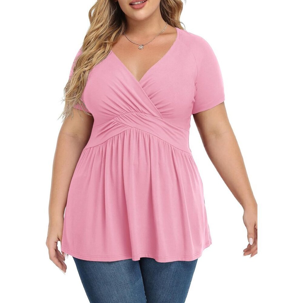 Plus Size Women's Wrap Top Short Sleeve V Neck Flowy Blouse Casual